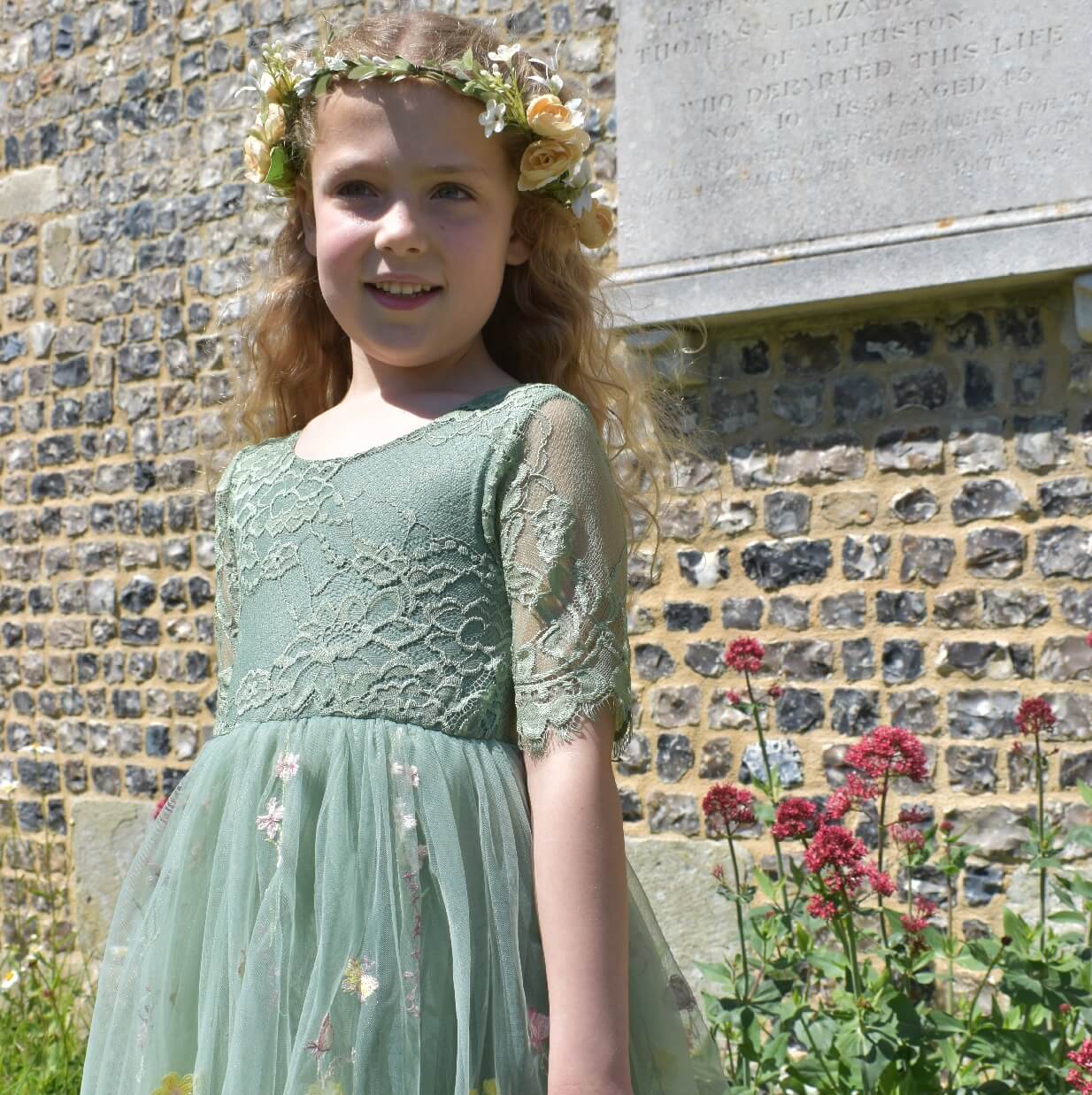 Close up of lace on dress bodice