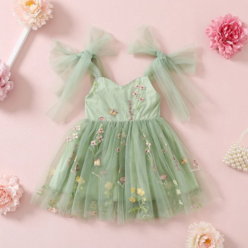 sage fern angel dress with bow tie shoulders