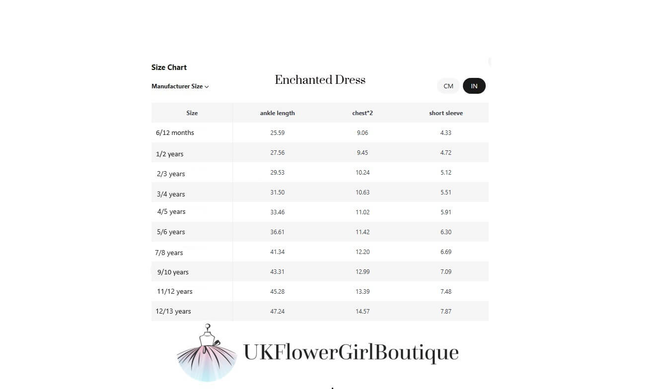 size guide for the enchanted dresses 