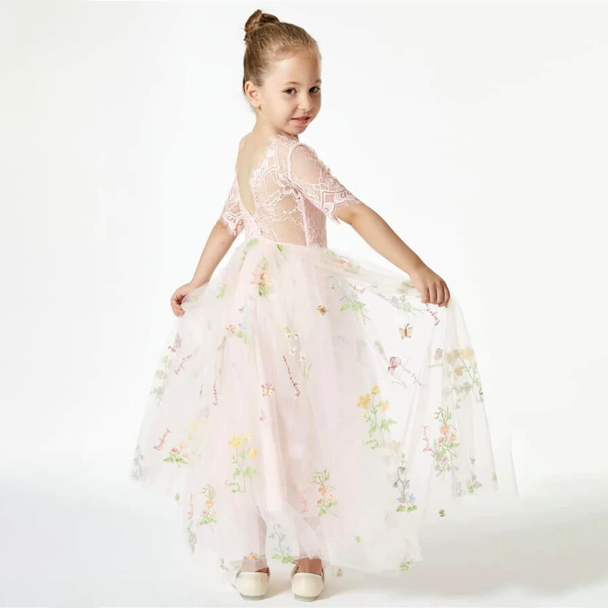 Gril wearing a Embroidered Soft Pink flower girl dress