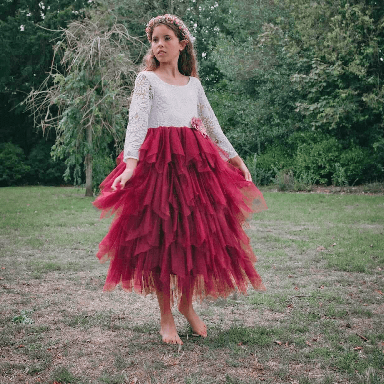 Flower Girl in Burgundy Dress