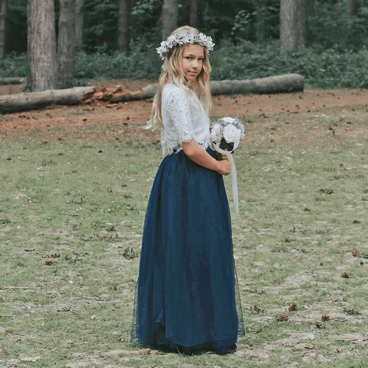 Girl wearing navy blue dress set