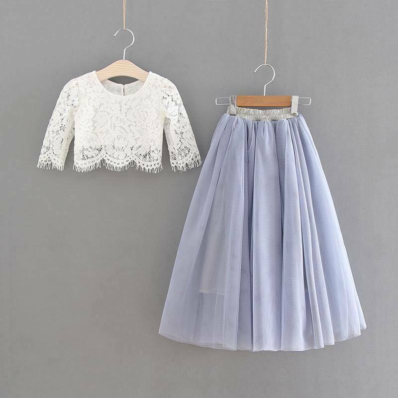 silver blue tulle skirt with white lace crop top