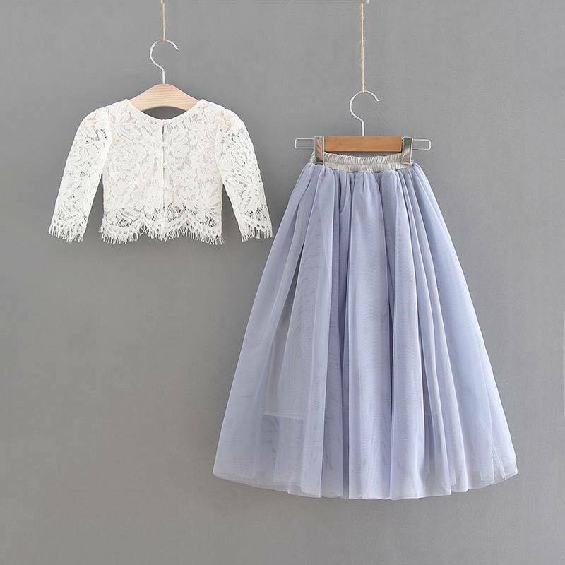 silver blue tulle skirt and white lace crop top